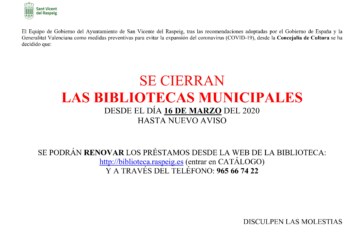 SE CIERRAN LAS BIBLIOTECAS MUNICIPALES